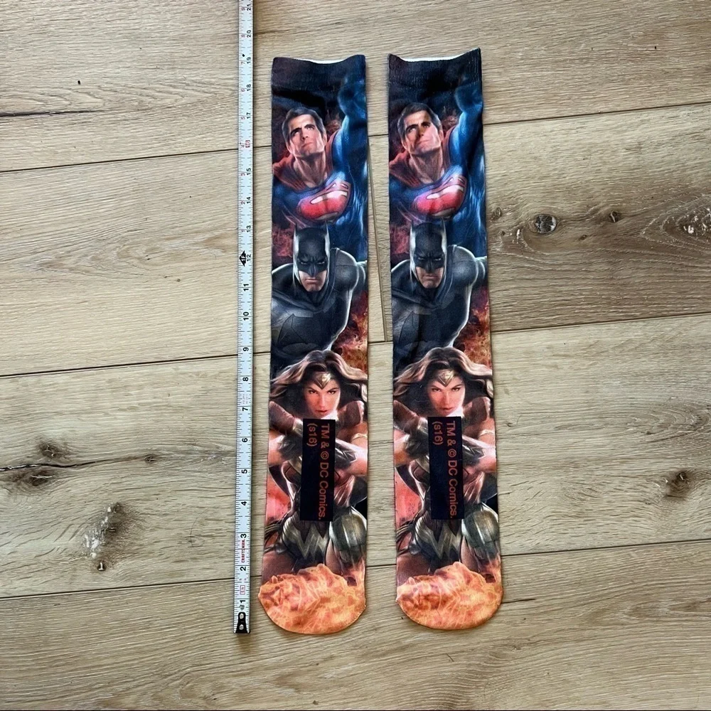 𝅺superhero Knee socks, size 16, Superman Batman Wonder Woman, blue red orange.